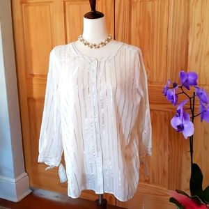Ann Taylor Loft Cream Blouse w/Metallic Gold Thread - Size L